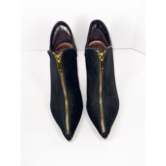 Ted Baker Millae Bootie Heels Black Suede Gold Zipper Stiletto Pointed 38.5/6 - Picture 9 of 16